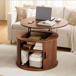 Round Lift Top Coffee Table Fluted Drum Table Sliding Door, Walnut
Small Coffee Table with Fluted Sliding Door, Hidden Storage, Open Shelves, Small Ce