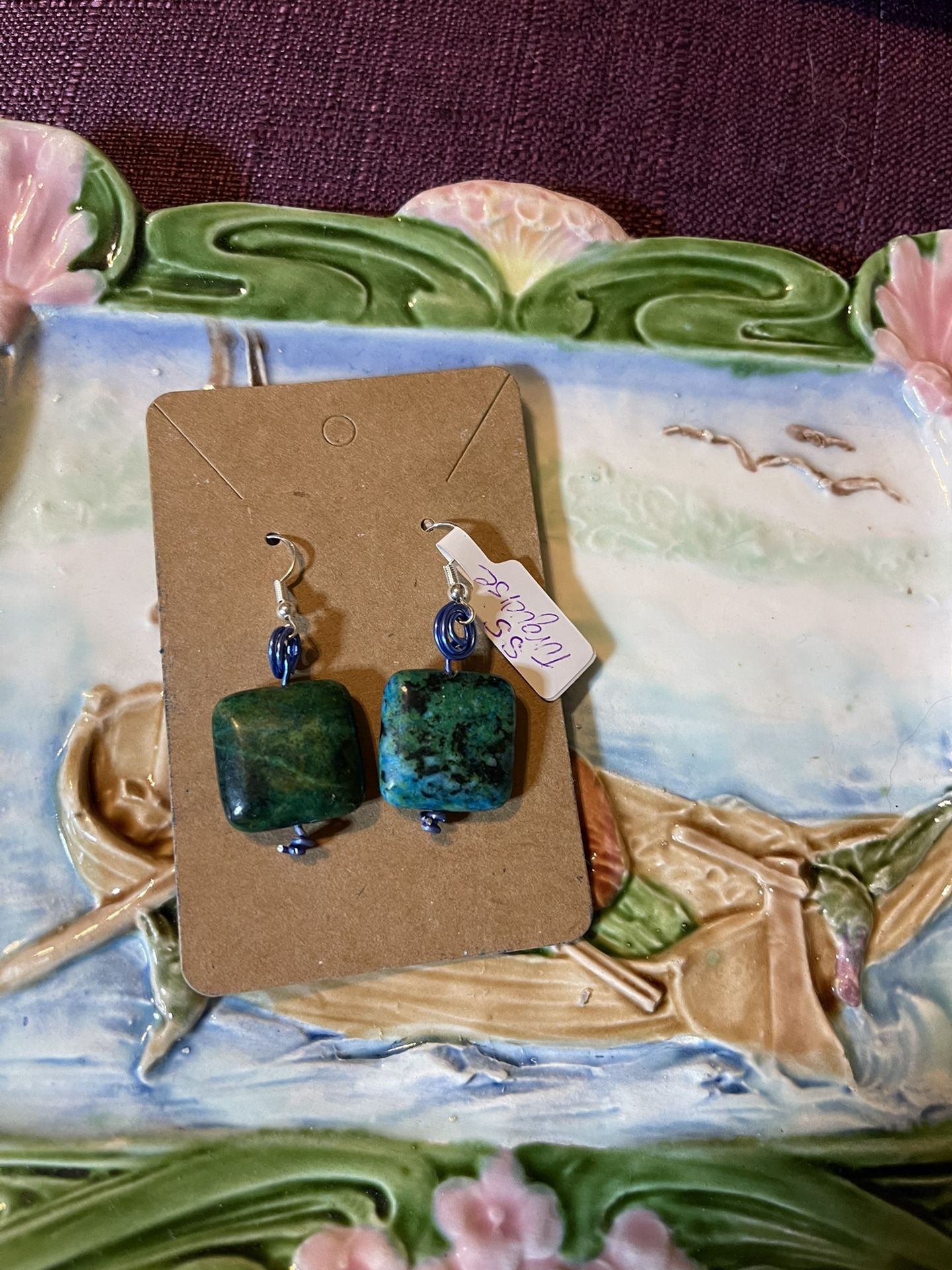Sterling silver yellow dyed Turquoise earrings artisan made new 