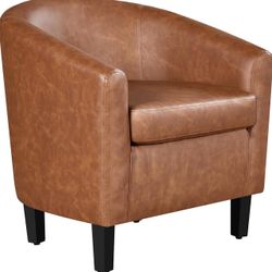 Leather Accent Chair, Faux Leather Armchair, Modern Barrel Club Chair with Soft Seat for Living Room Bedroom Reading Waiting Room, Brown592096