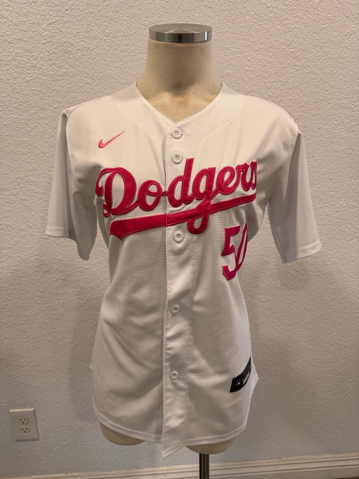 Women’s Mookie Betts #50 Los Angeles Dodgers Stitched White /pink  Jersey