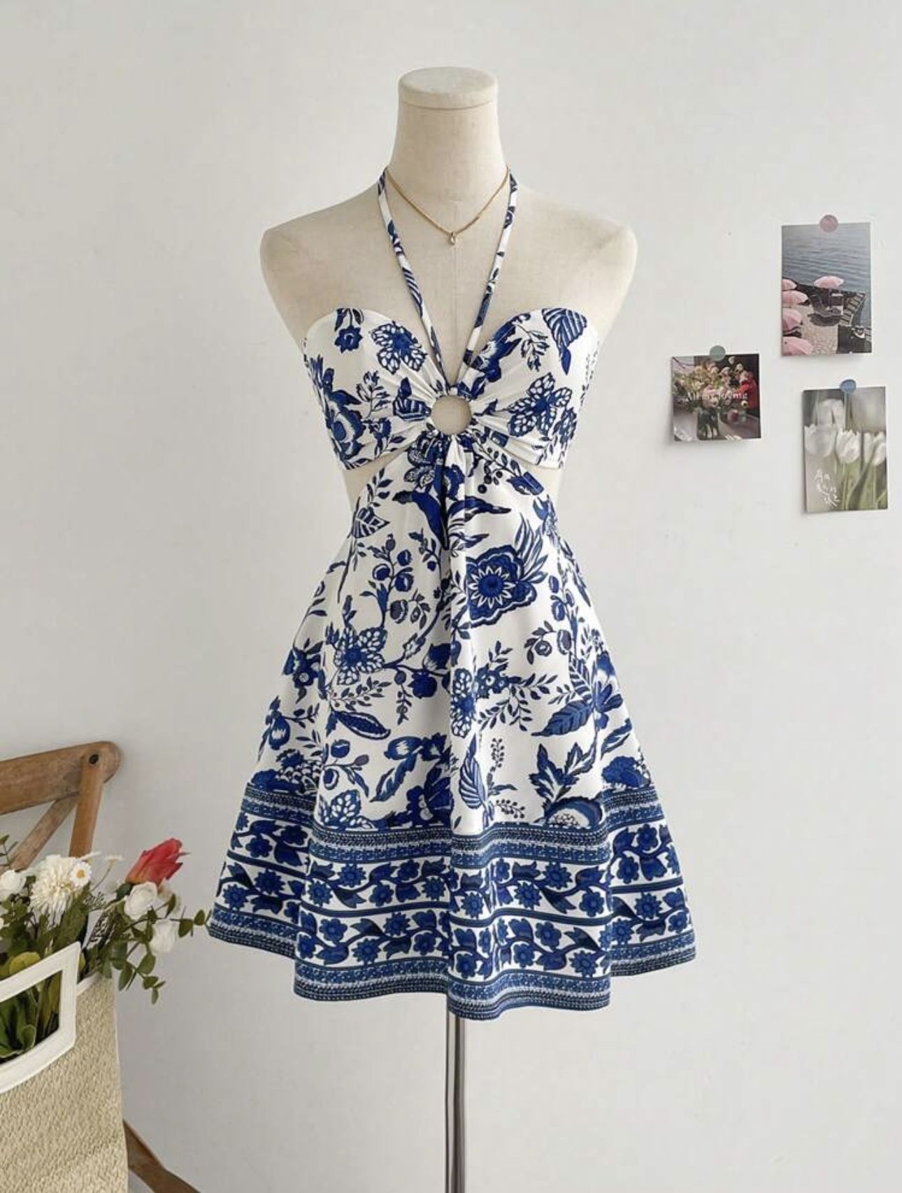 Blue & White Flower Print Dress