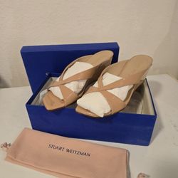 Stuart Weitzman Beige Patent Leather Crisscross Slide Mules