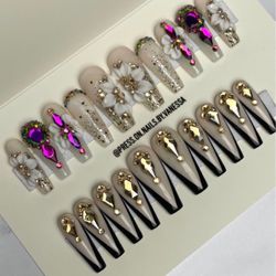 Long coffin press on nails rhinestones,acrylic flowers,glitter ombré,French tips