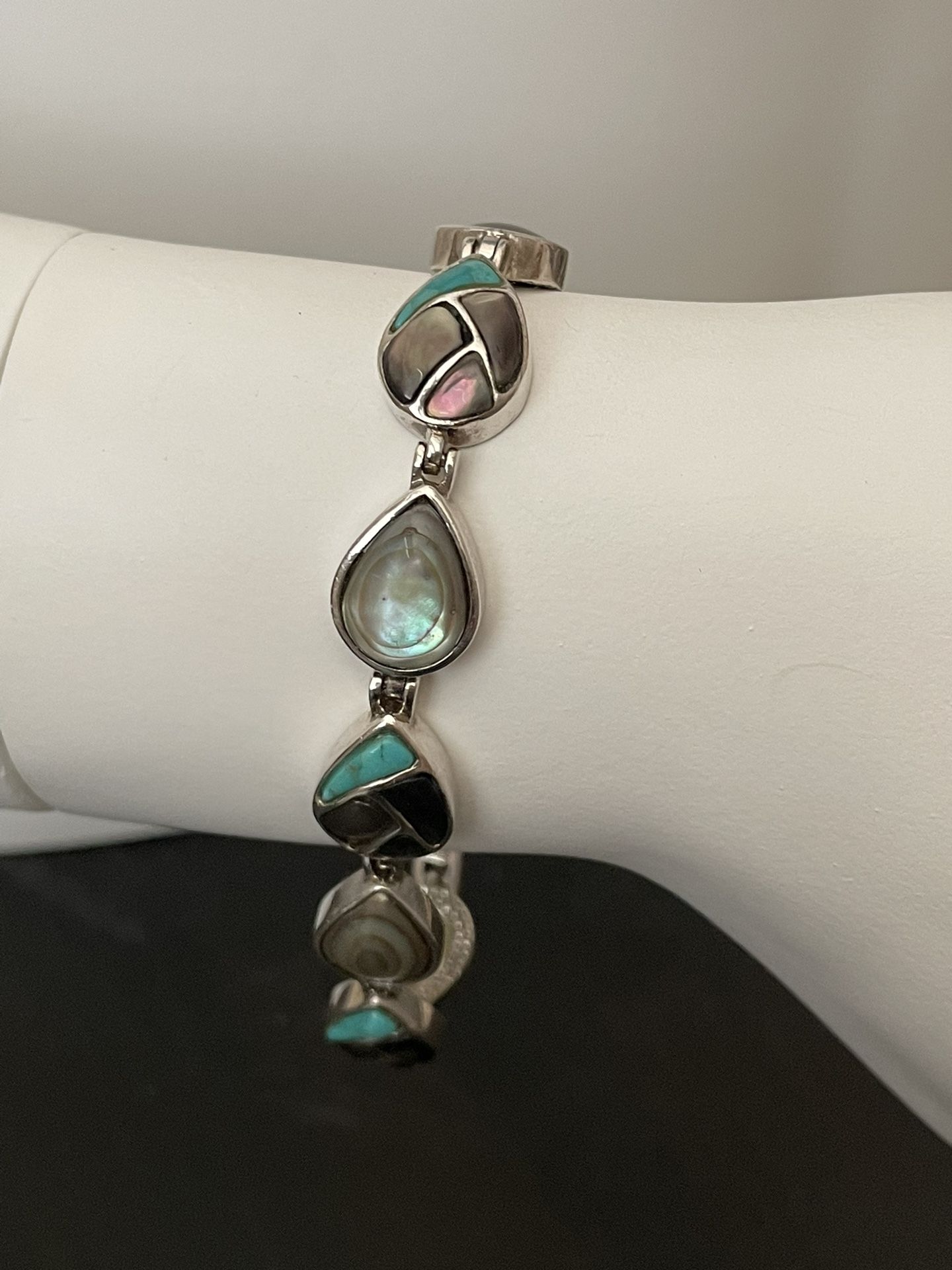Vintage 925 sterling silver turquoise Stone & abalone Paua Shell Inlay Bracelet