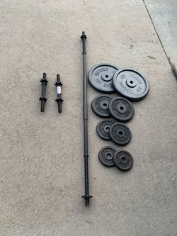 85lb Weight plates 1” hole, 5 ft Barbell and 2 dumbbell handles