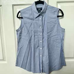 Cutter And Buck Blue And White Stripe Sleeveless Button Down Shirt 