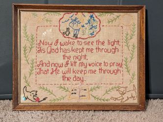 Vintage Hand Embroidered Religious Prayer 10¾" x 8¾" Framed Sampler