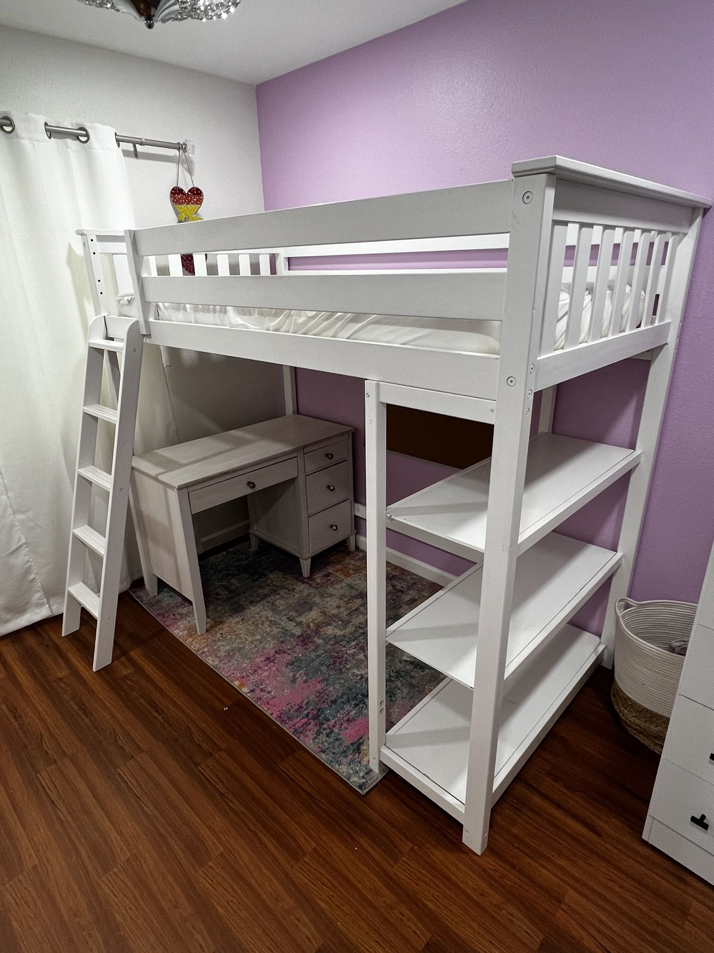 Max and Lily White Twin High Loft Bed w/ Bookcase