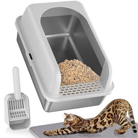 Stainless Steel Litter Box with Lid, Metal Litter Box with Cat Litter Mat,Extra Large Enclosed Cat Litter Boxes for Multiple Cats, Anti-Leakage,Non-St