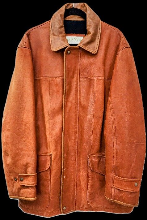 Great Mens Orvis Light Brown Leather Jacket Size 44 Made In The USA Heavy Made With Real Leather Great Jacket Very Hard To Find 