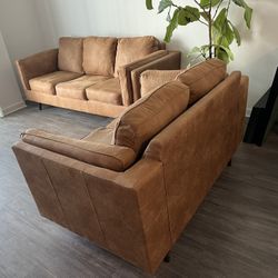 Ashley Furniture Maimz Sofa & Loveseat Set Mid-Century Caramel Faux Leather
