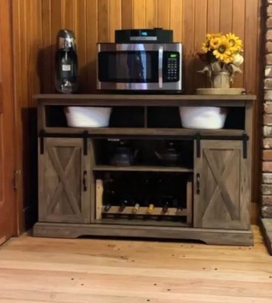 Farmhouse TV Stand Coffee Bar Liquor Storage Cabinet with Sliding Barn Doors