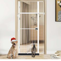INRLKIT 71 Inch Extra Tall Pet Gate W/Cat Door, 27"~37.5" Extra Wide Pressure Mounted White NEW  $