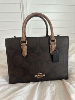 Coach Mollie Tote 25 in Signature Canvas with light khaki/chalk handles and trim.
