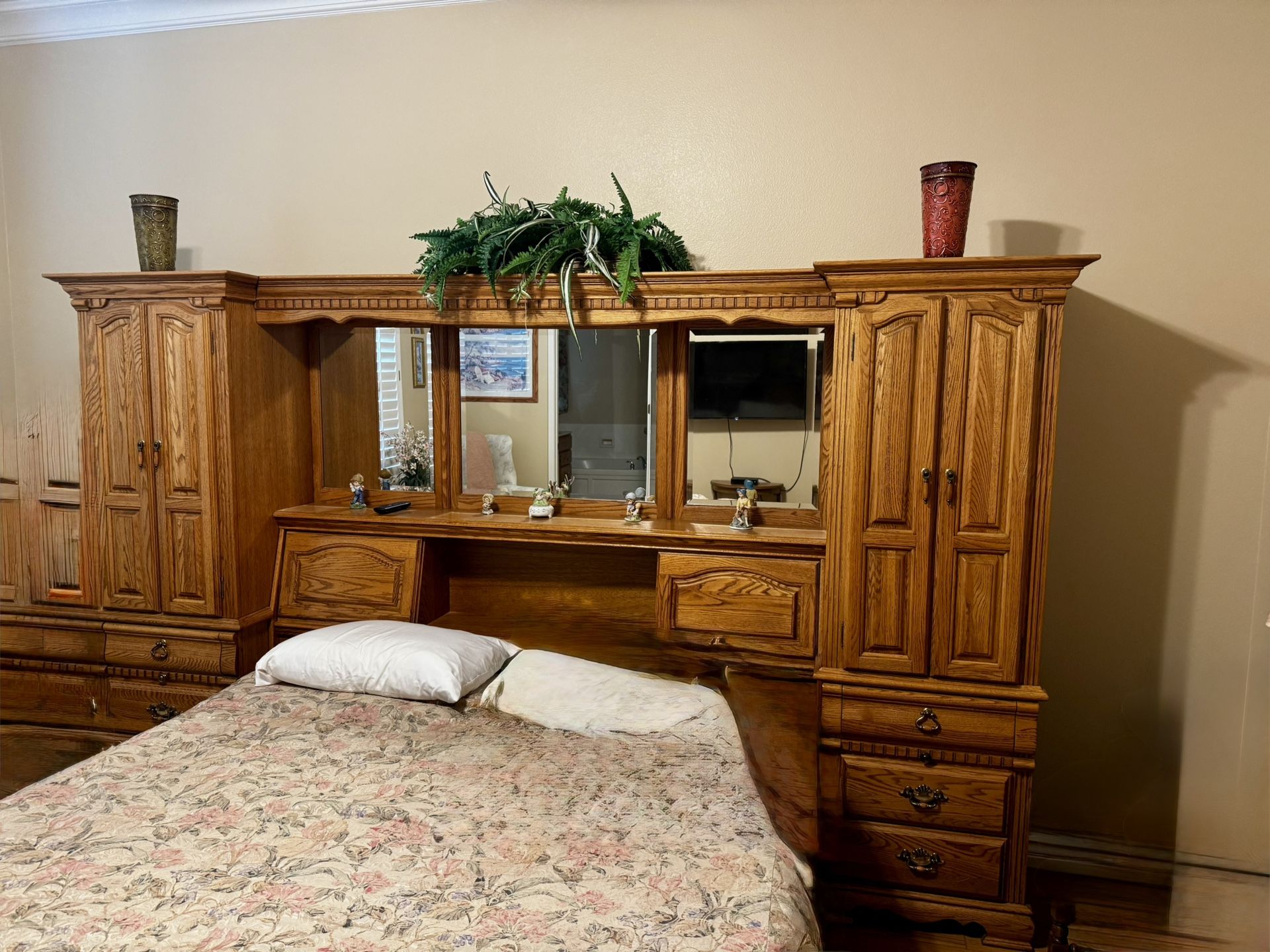 Oak Headboard With Attached Cabinets