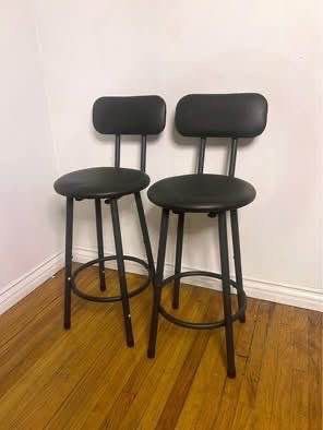 New Black Set of 2 PU Leather Upholstered Stools, High Barstools Counter Height,