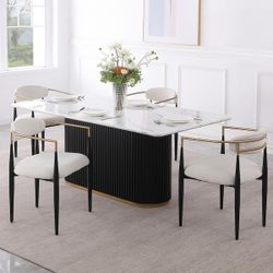 Luxury Faux Marble Top Column Base Dining Table Rectangular Metal Frame in White for Kitchen Seats of 6