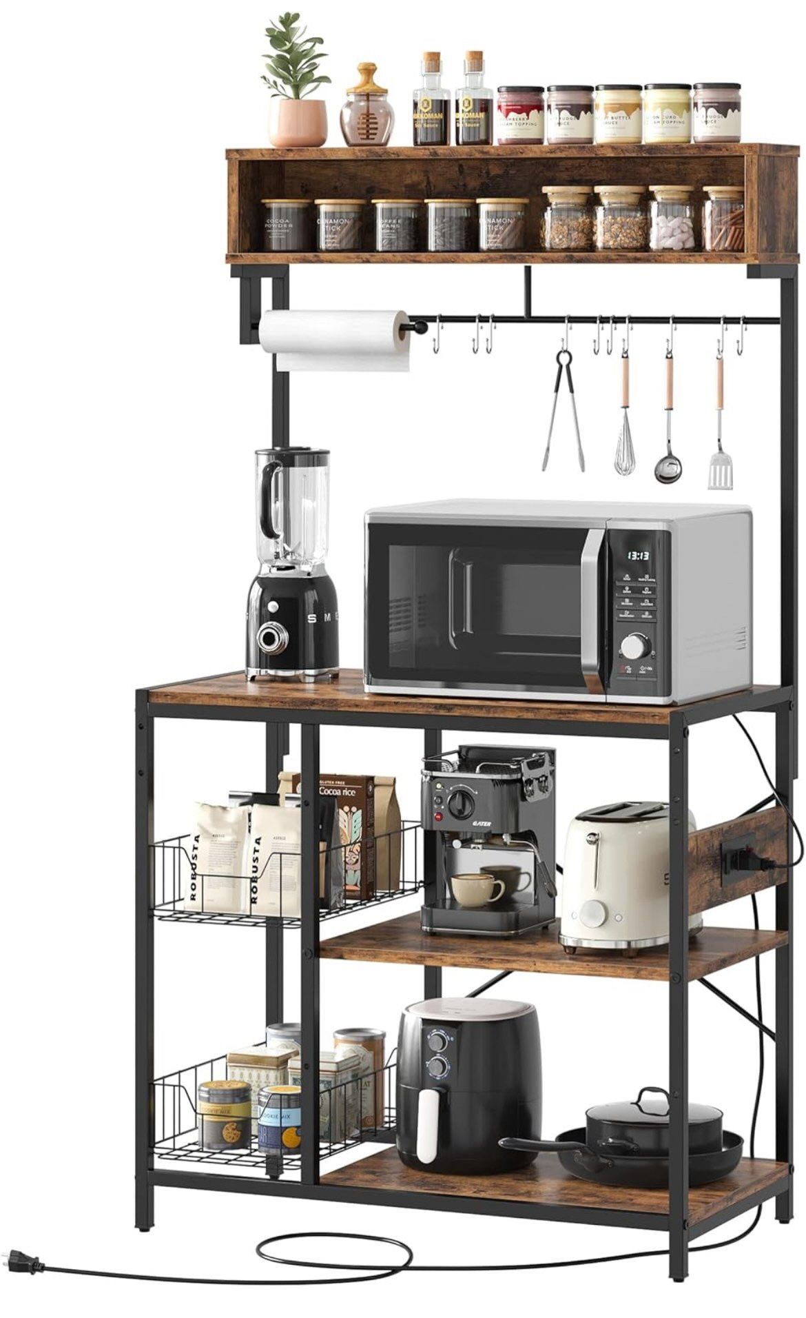 Bestier Bakers Rack with Power Outlet, 5-Tiers Microwave Stand with Storage, Coffee Bar with Paper Holder & Wire Basket, Adjustable Kitchen Storage Sh