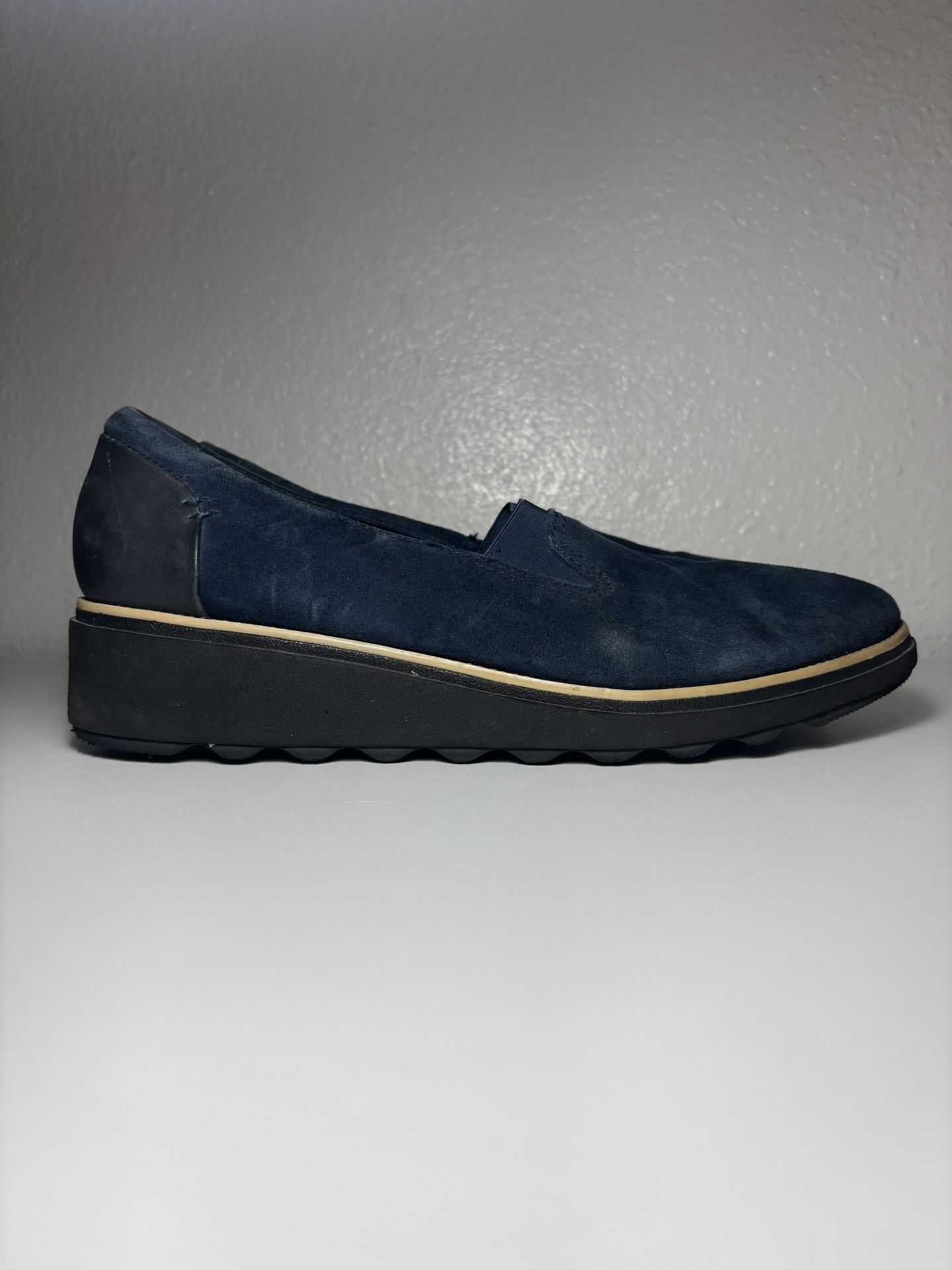 Clarks Sharon Dolly Slip On Shoe Low Wedge Loafer Blue Suede Women’s Size 10