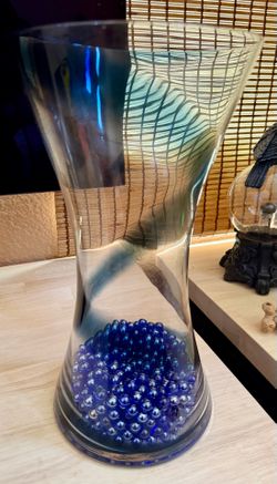 Tall vintage clear & blue glass vase with cobalt blue mini glass marbles