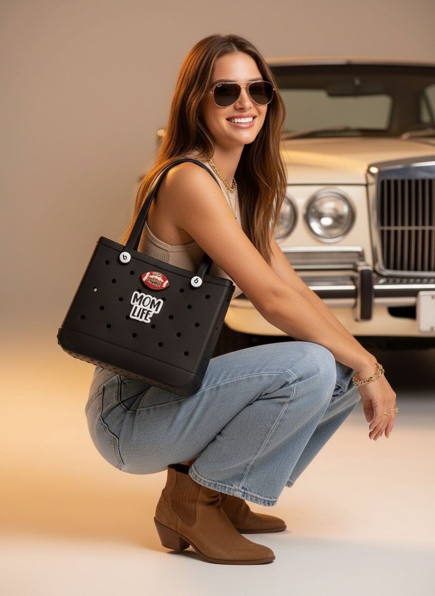 New Mom Life Black EVA Beach Bag Tote Rubber measure 14.5” x 5”x 12”