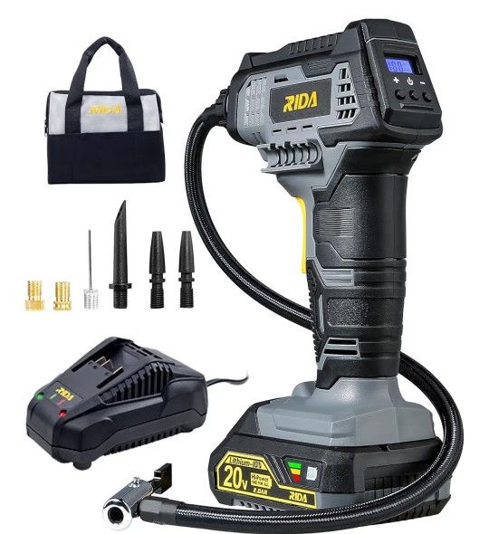 Tire Inflator Portable Air Compressor 20V Rechargeable Battery Powered Handheld 100PSI Tire Inflator with Tire Pressure Gauge 7 Nozzle Adapters 2.0Ah
