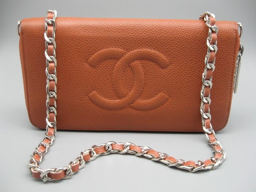 Chanel Light Orange Caviar Leather CC Long Bag Wallet