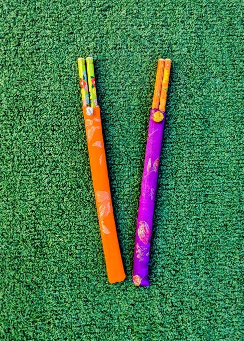 2 Pair Lucky Wooden Chopsticks With Embroidered Silk Case Sleeve Sheath 9.5" New