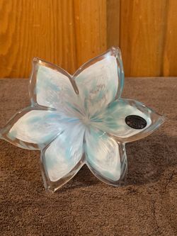 Authentic Murano Glass Lily Flower Figurine – Blue & White Swirl, Made in Italy