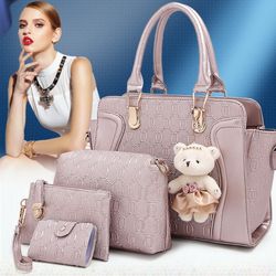 4 PC Tote Handbag, Bear Pendant Leather 