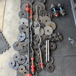 Standard weights 325lbs total plus 6ft bar and curl bar plus dumbbells handles