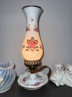 Vintage 14” Milk Glass Hand Painted Pink Florals Hurricane Table Lamp Home Decor