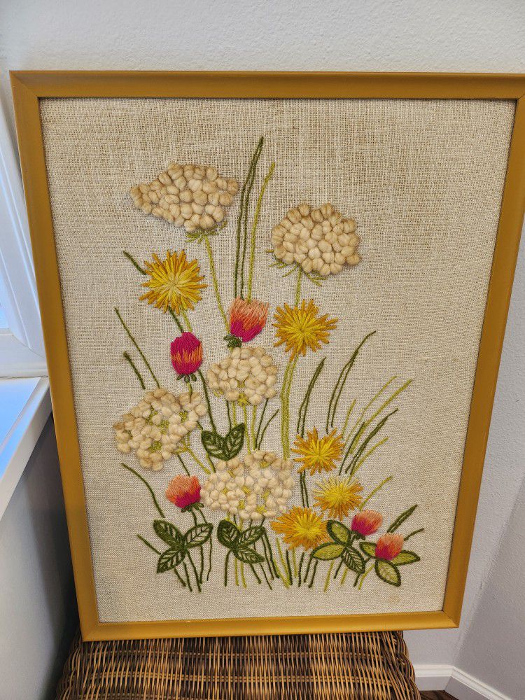 Vintage Floral Crewel Art