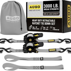 AUGO retractable ratchet tie-down straps with soft loops. 