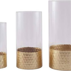 3 pcs Clear Gold Honeycomb Trim Glass Cylinder Vases Set - Wedding Party Home Events Centerpieces Decorations