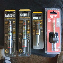 1-1/4 to 6-7/8 hole saw arbor, 2 Milwaukee 7-1 socket set and 4 impact socket set