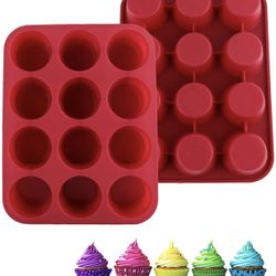 Silicone Baking Mold 2Packs,12-Cavity Non-stick Cylinder Cupcake Molds Silicone Tray for Mousse, Bread, Jelly, Pudding, Handmade Soap (Red)