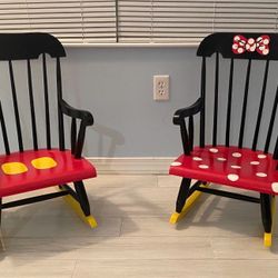 2 Hand painted Mickey Mouse And Minnie Mouse Kids Rocking Chairs For Disney Lovers
