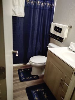 Shower curtain and mats and decor towels