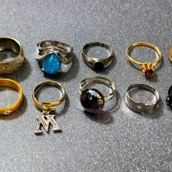 Lot Of 10 Fashion Rings - Bands, Solitaire, Adjustable Untested 