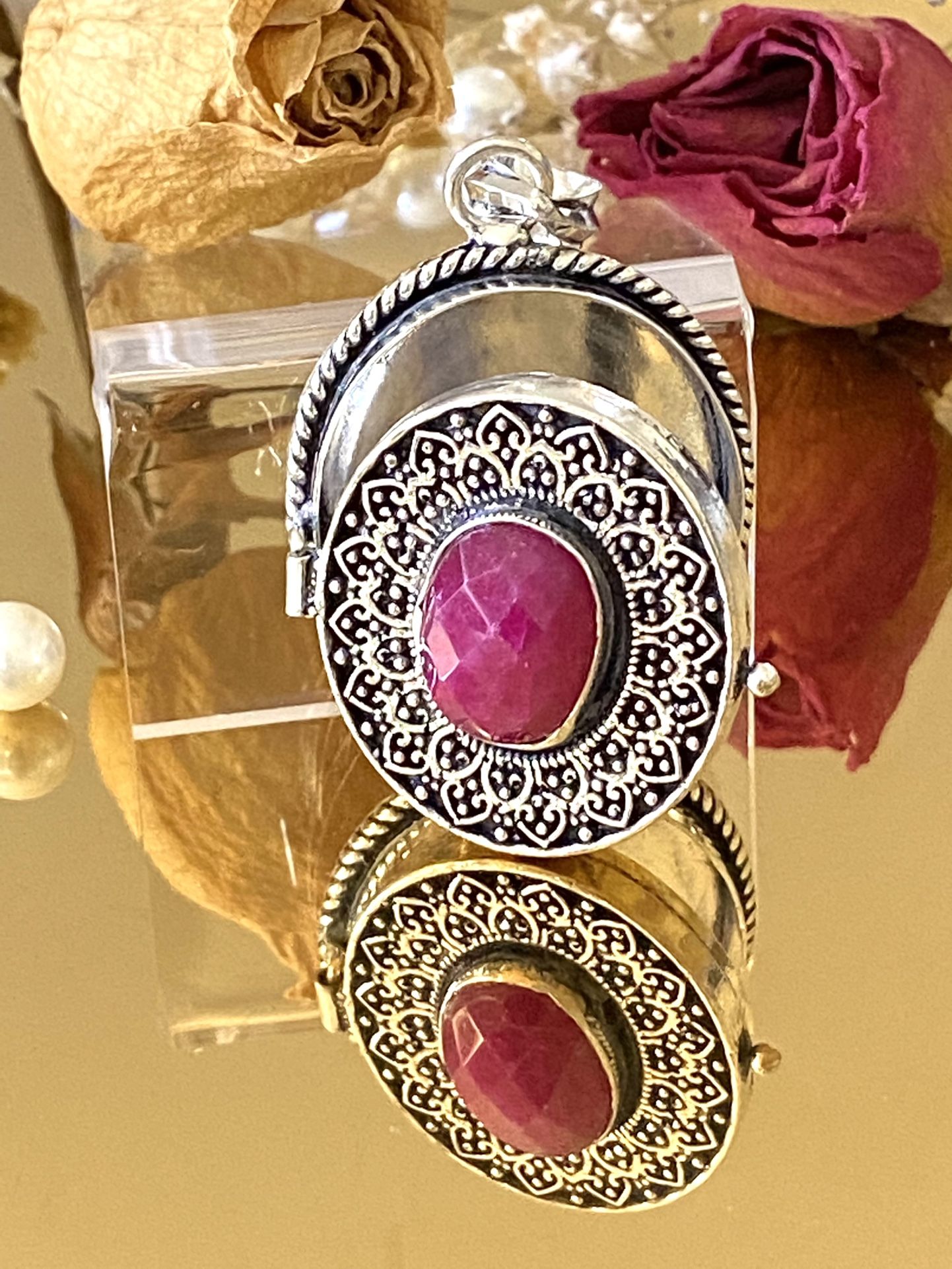 Ruby handcrafted 925 sterling silver overlay poison/locket pendant