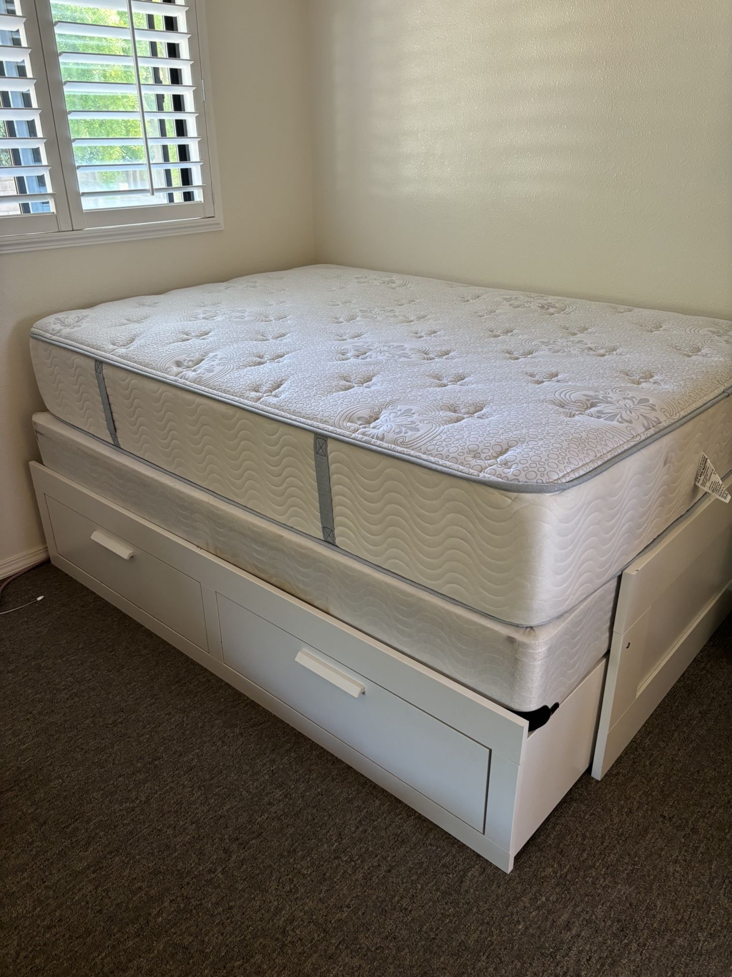White Wood Full Size Bed Frame With Drawers And Mattress