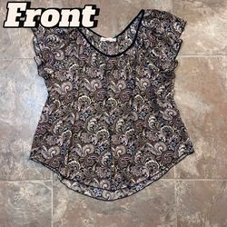Philosophy Black Paisley Cap-Sleeve Blouse with Pink & Cream Accents
