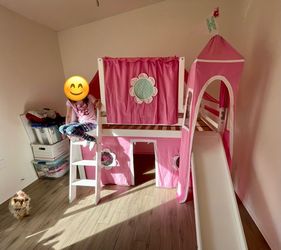 Kids low loft twin bed with slide, ladder, tent and tower