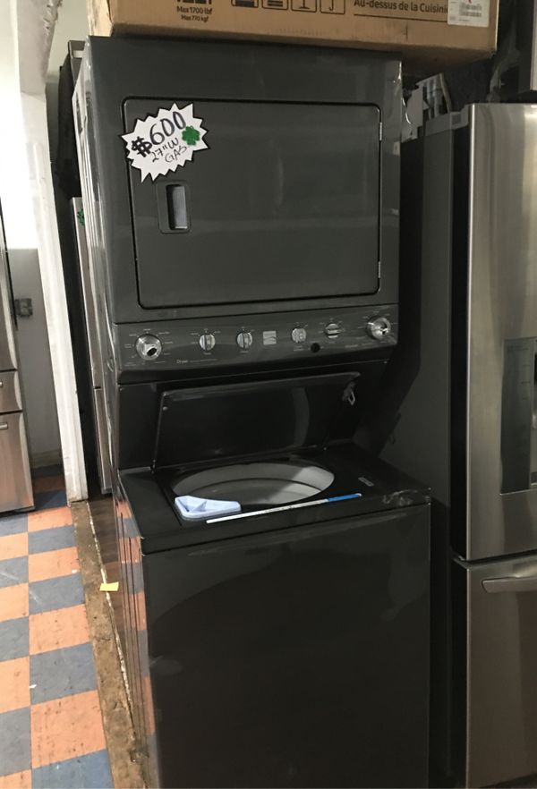 27w KENMORE BLACK STAINLESS STEEL STACKABLE WASHER AND GAS DRYER for