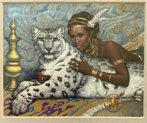 African Art Print of Queen with Snow Leopard in Gorgeous Cherry Wood Frame!