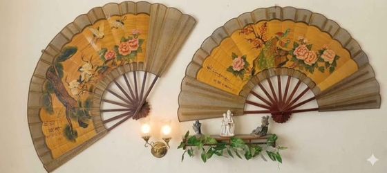 Pair of 1950s/60s MCM Large Bamboo Wall Fans - Matching 56x32 Hand-Painted Peacock & Crane
