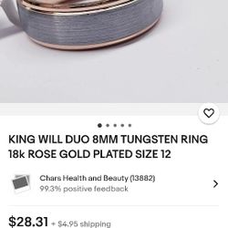 King Will Duo 8mm Tungsten Ring 18k Rose Gold Plated Size 12