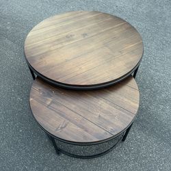 2-Piece Round Wood Coffee Table Set Rustic Brown Nesting Living Room Tables Home
