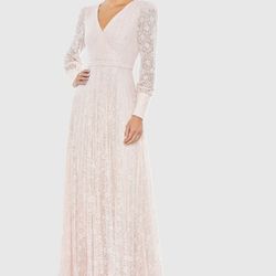Mac Duggal Pink Beaded Lace Long Sleeve Wrap Over Gown